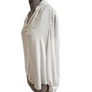 White House Black Market V neck  blouse with gold accents and cuff sleeves